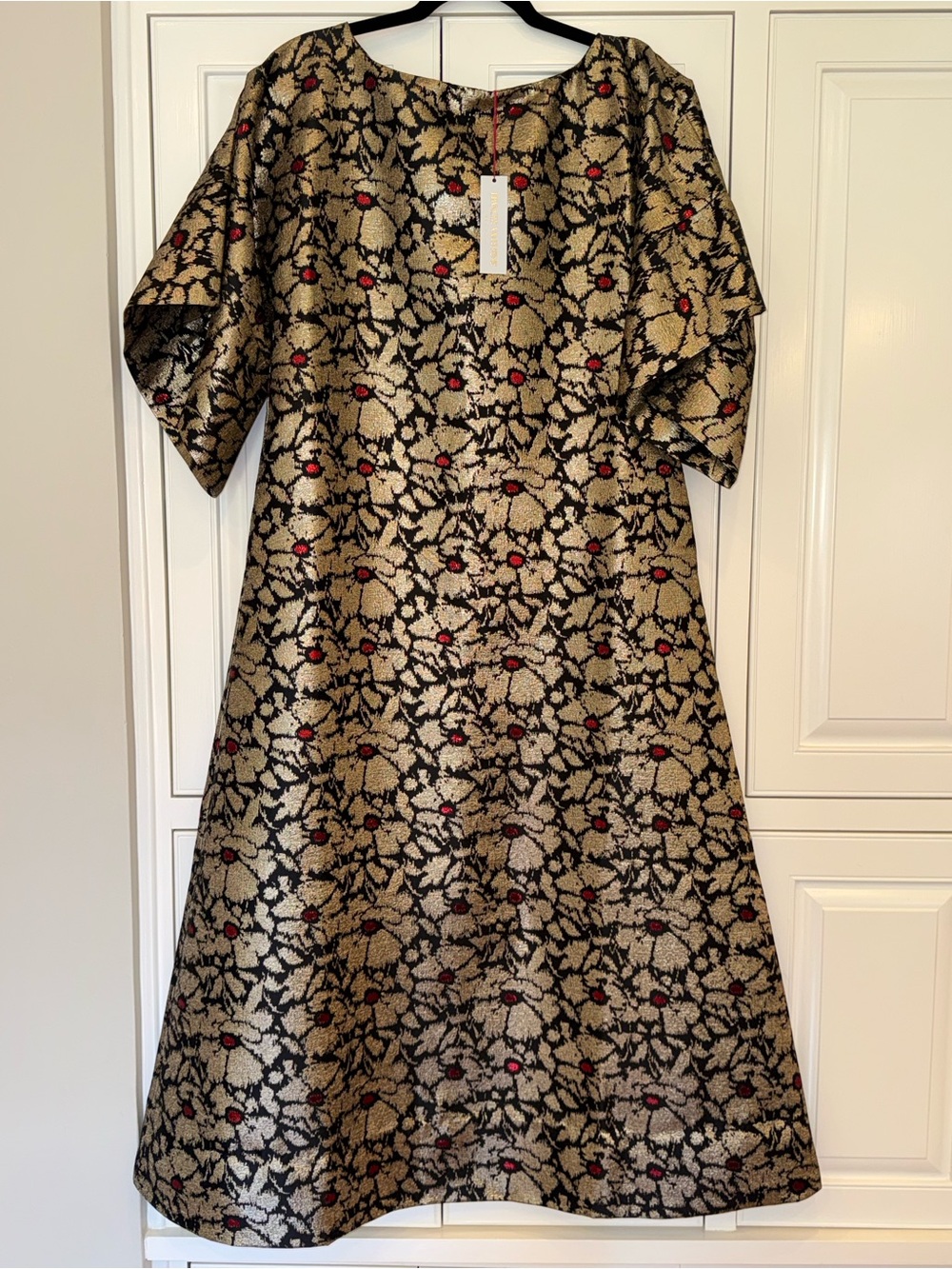 Frances Valentine Metallic Gold Floral Jacquard Dress with Red Accents-NWT!